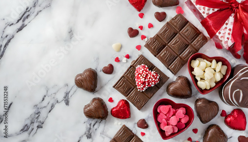 chocolate with nuts.Valentines Day chocolate side border. Top down view on a white marble background with copy space