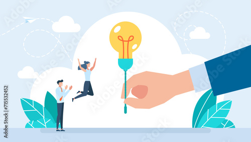 Hand turns on lightbulb. Turn on creative light bulb concept. Creativity, inspiration concept. Businessman pulling light switch to turn on idea. Creative idea. Cartoon style. Vector Illustration.