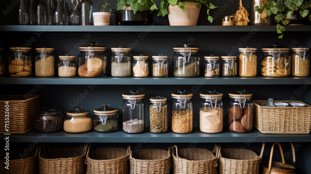 Organization of food storage. Cozy pantry with glass jars and wicker baskets. Dark colour palette. Generative AI Organization of food storage. Cozy pantry with glass jars and wicker baskets. Dark colour palette. Generative AI