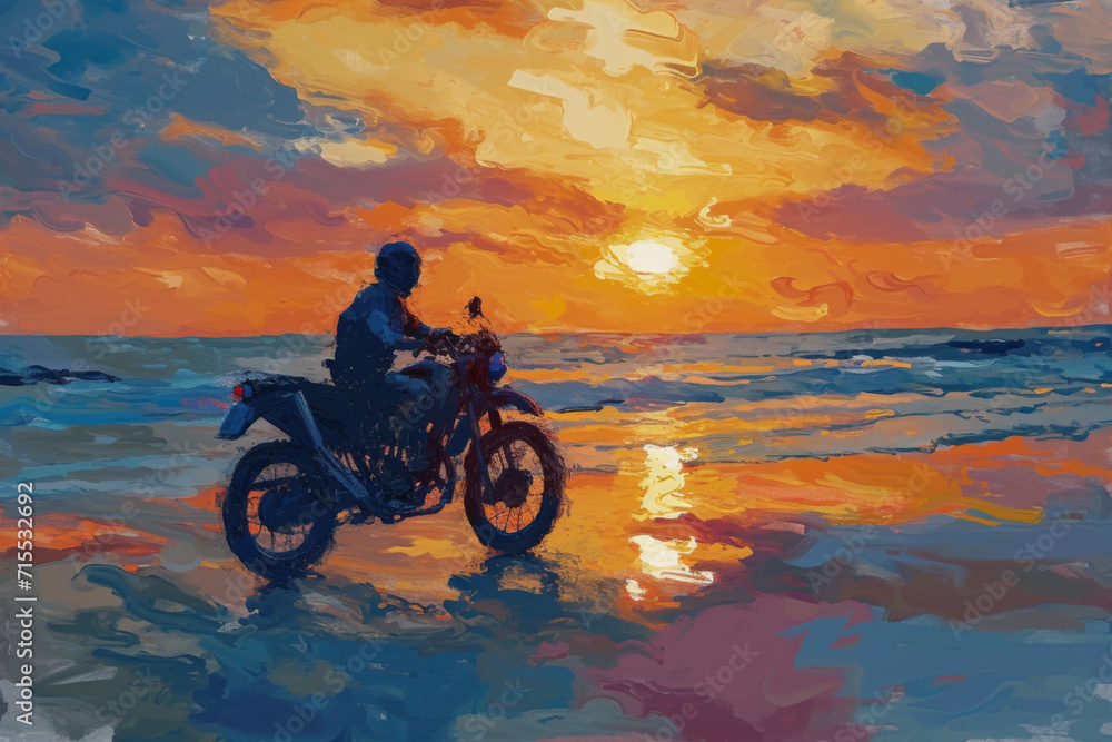 A boy riding a motorcycle by the seaside at sunset.