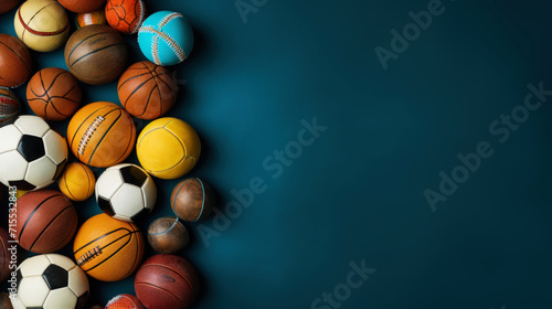 Variety of sports balls on green background, top view. Copy space. Sport advertising concept. Generative AI