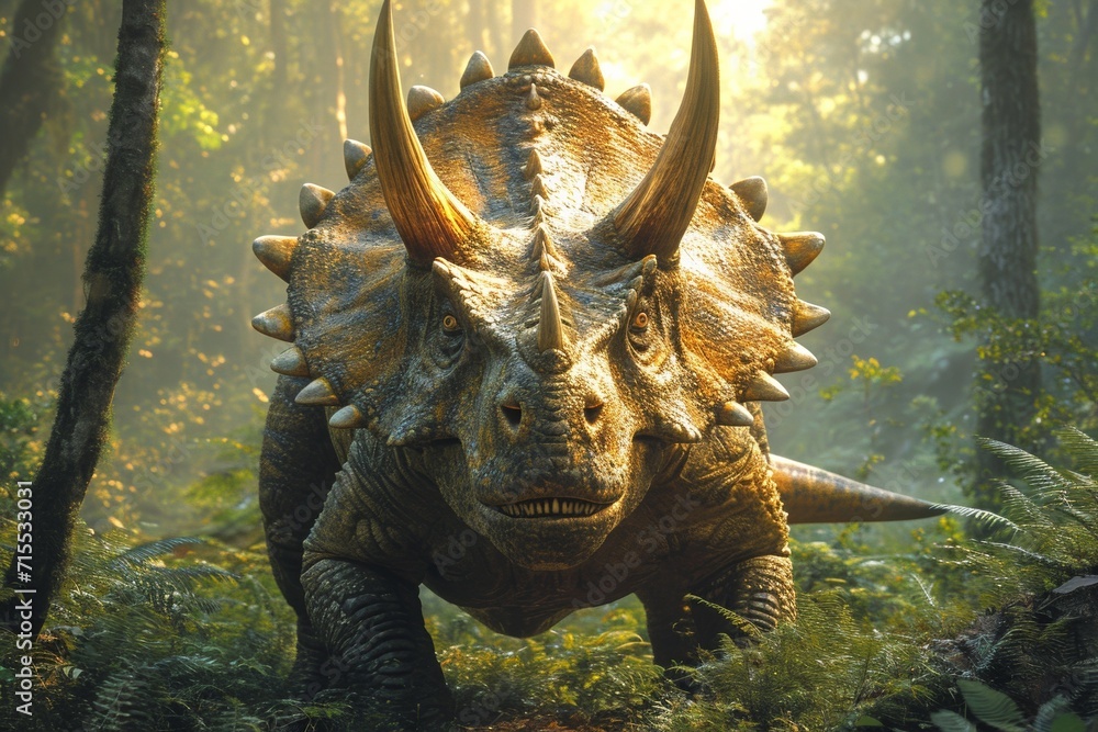 Naklejka premium Realistic prehistoric scene: Herbivorous dinosaurs like triceratops.