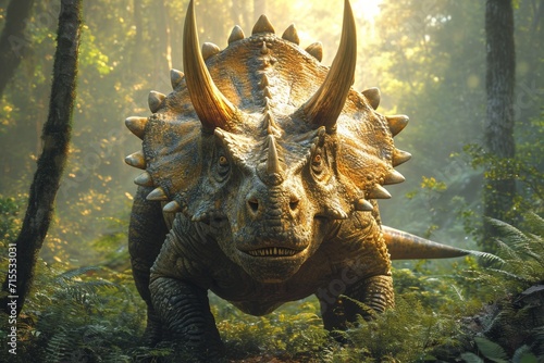 Realistic prehistoric scene: Herbivorous dinosaurs like triceratops. photo