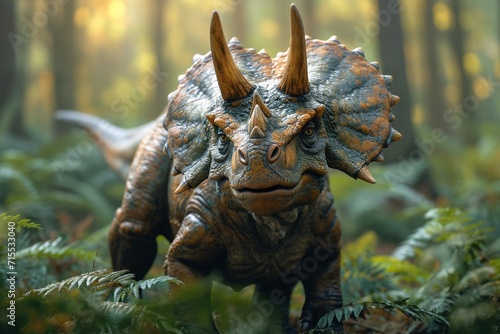 Prehistoric forest with giant dinosaurs like the triceratops, showcasing ancient wildlife in nature's backdrop.