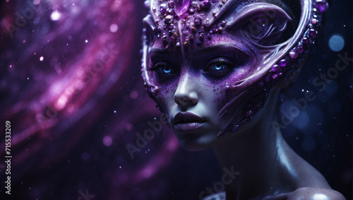 Beautiful female magic Alien character. Alien Concept. Hybrid reptile character on futuristic background