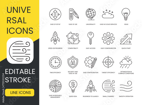 Universal Icons Set with Editable Stroke, Ease of Setup and Quick Start, Easy Configuration and Cloud Services, Ideas or Creativity, Universality and Compatibility, Speed or Progress, Target