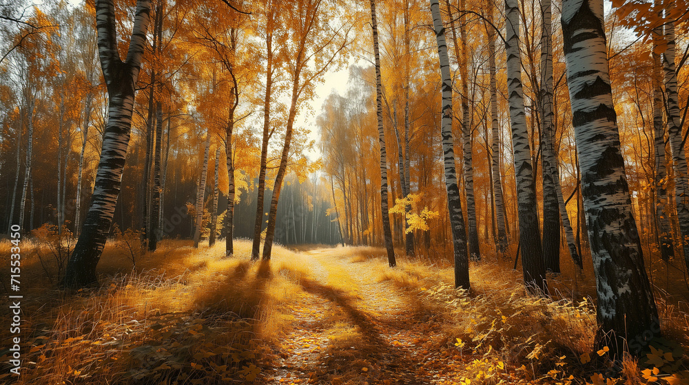 Obraz premium Illustration in Oil Paints: Autumn Landscape in a Birch Forest, Bathed in Golden Autumn Hues. A Natural Background and Banner Radiating the Warmth and Beauty of the Fall Season