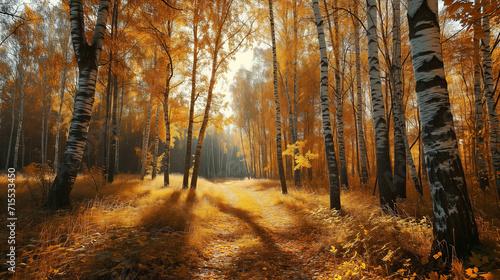 Illustration in Oil Paints: Autumn Landscape in a Birch Forest, Bathed in Golden Autumn Hues. A Natural Background and Banner Radiating the Warmth and Beauty of the Fall Season