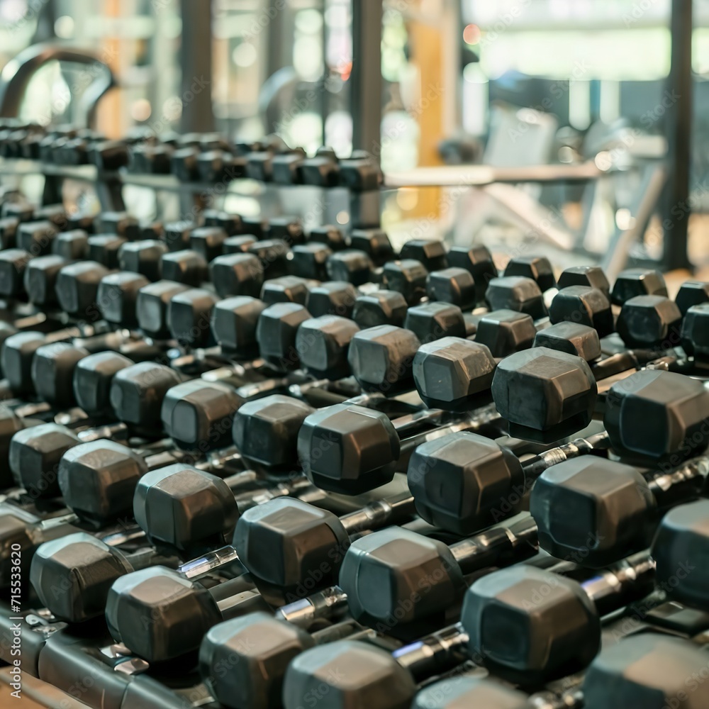 Black dumbbell set. Close up many rubberized dumbbells on rack in sport fitness center Black dumbbell set. Close up many rubberized dumbbells on rack in sport fitness center