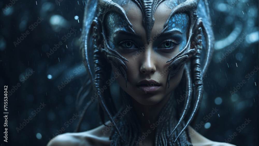 Beautiful female Water Alien character. Alien Concept. Hybrid water character on futuristic background