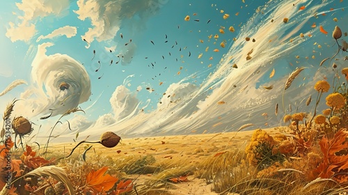 Whirlwind Harvest: A Vibrant Illustration of a Parallel Universe with Winds Carrying Seeds and Spores Across Vast Golden Fields Under a Blue Sky with Clouds and Tornadoes