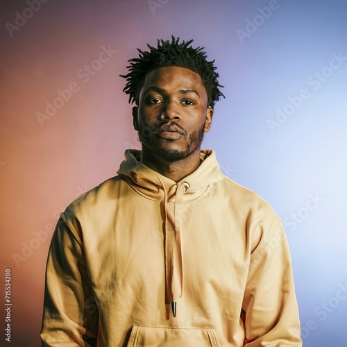 Fashion portrait black man in yellow hoodie on color background