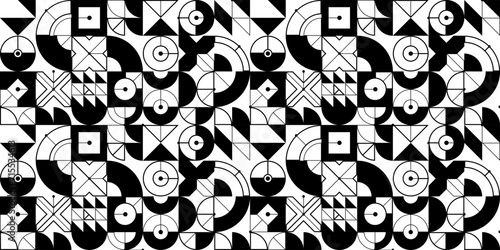 Seamless vector abstract background in black and white, geometric seamless pattern, tiling endless wallpaper with geometrical shapes structure.