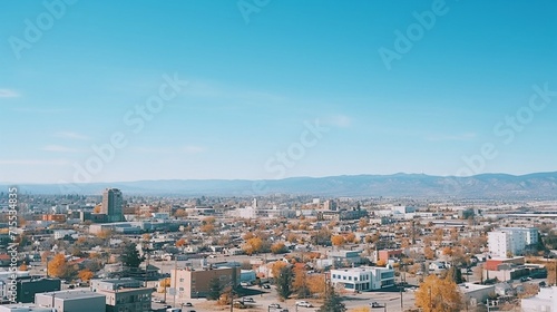 Aerial view of a city with homes and buildings. clear blue sky with mountains in background.