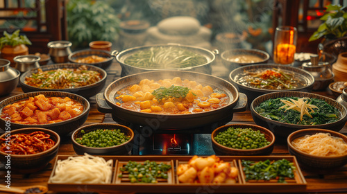 Culinary Tradition: Sichuan Hot Pot Meal Arrangement with Portable Stove and Unique Dipping Baskets. Generative AI.
