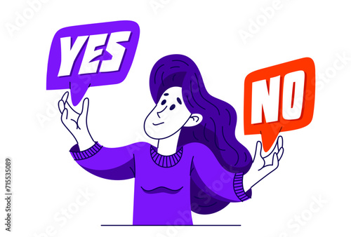 Young woman having a doubt and question, vector illustration of a person who is hesitating and thinking about some problem, decide uncertainty.