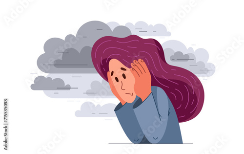 Young woman having a psychological problem of stress or anxiety, vector illustration of stressed girl having mental disorder or tired, headache flat style drawing.