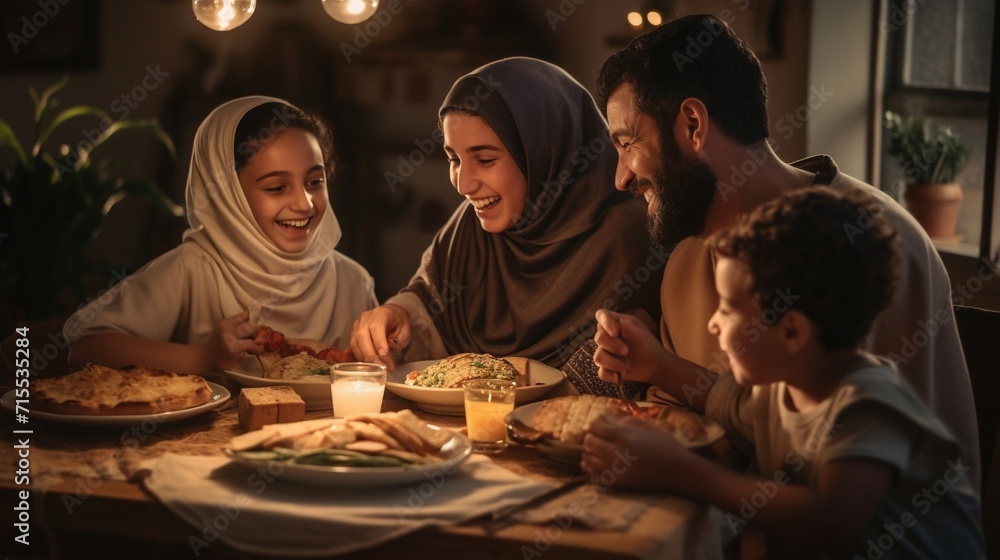 Muslim family eating food, break fasting and enjoying together in happiness in the living room, in Ramadan time.