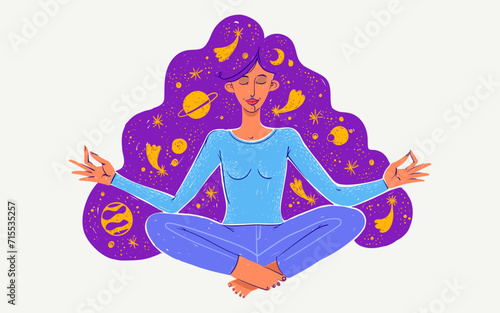 Young woman meditating, vector illustration of a girl in meditation yoga lotus pose, harmony in mind.