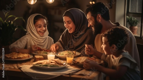 Muslim family eating food, break fasting and enjoying together in happiness in the living room, in Ramadan time. photo