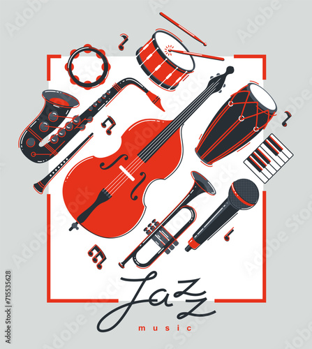 Jazz music band poster different instruments vector flat illustration, live sound festival or concert advertising flyer or banner, play different instruments orchestra.