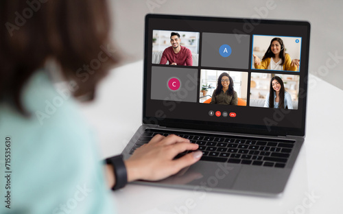 Businesswoman have video call with business partners, using laptop