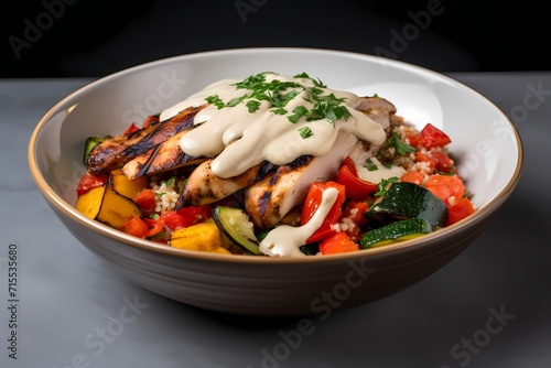 A bowl of protein-rich quinoa, topped with grilled chicken, roasted vegetables, and a drizzle of tahini dressing.