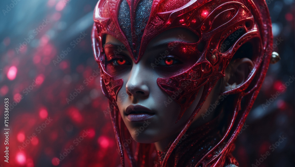 Beautiful female red ruby Alien character. Alien Concept. Hybrid reptile character on futuristic red background Beautiful female red ruby Alien character. Alien Concept. Hybrid reptile character on futuristic red background