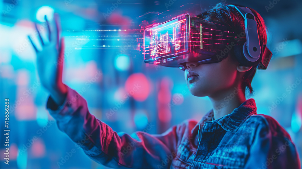 Female student wearing virtual reality vr goggles is using augmented reality technology. Futuristic cyberspace Female student wearing virtual reality vr goggles is using augmented reality technology. Futuristic cyberspace