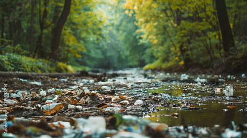 plastic pollution   environmental pollution  waste on forest background 