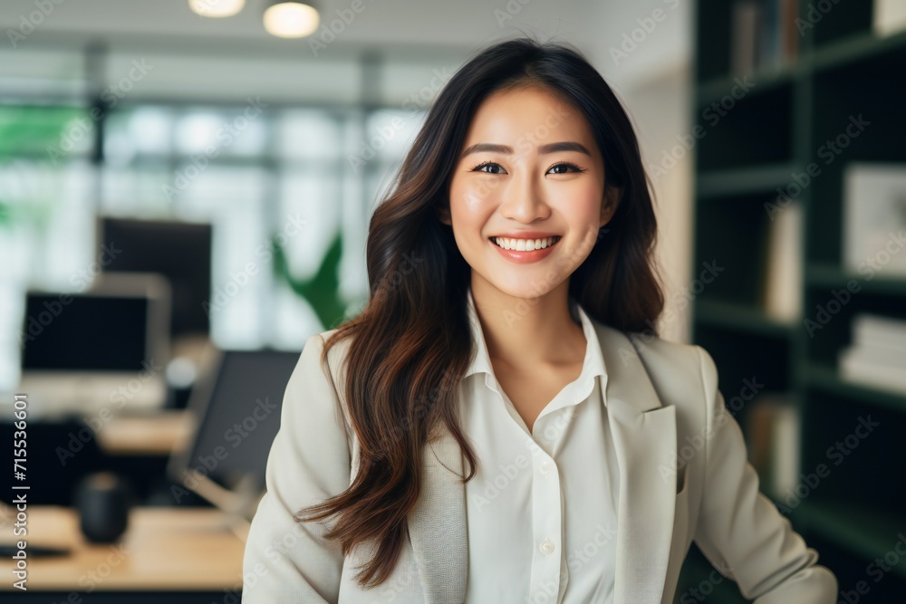 Happy confident asian businesswoman in office looking at camera