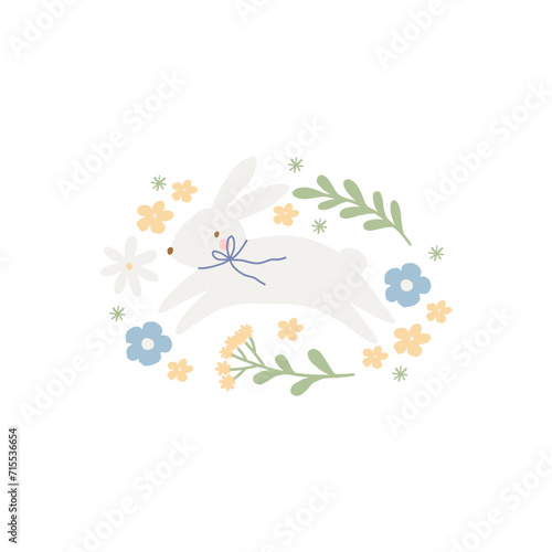 Spring cartoon seamless pattern with cute bunny. Happy Easter print in flat style and pastel colors