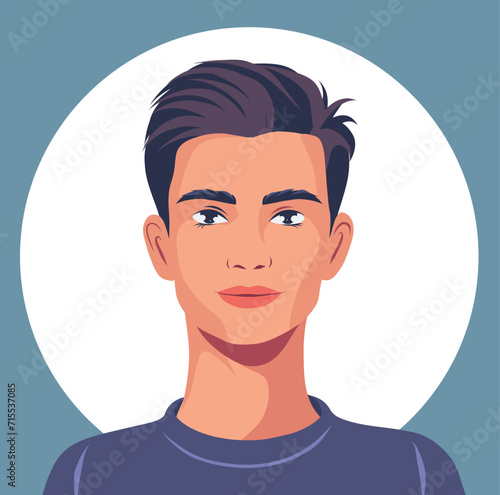 Young man vector avatar icon for social network. Sideways pose portrait. Vector flat illustration on blue background. Simple style