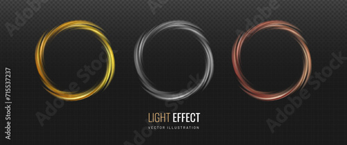 Circle light effect on transparent background. Set of spiral lines in metal colors gold, silver, copper - decorative element. Vector illustration