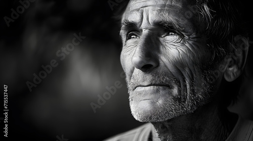 Close-up black & white portrait of a handsome old man staring blankly with inspirational expression emotion, success concept