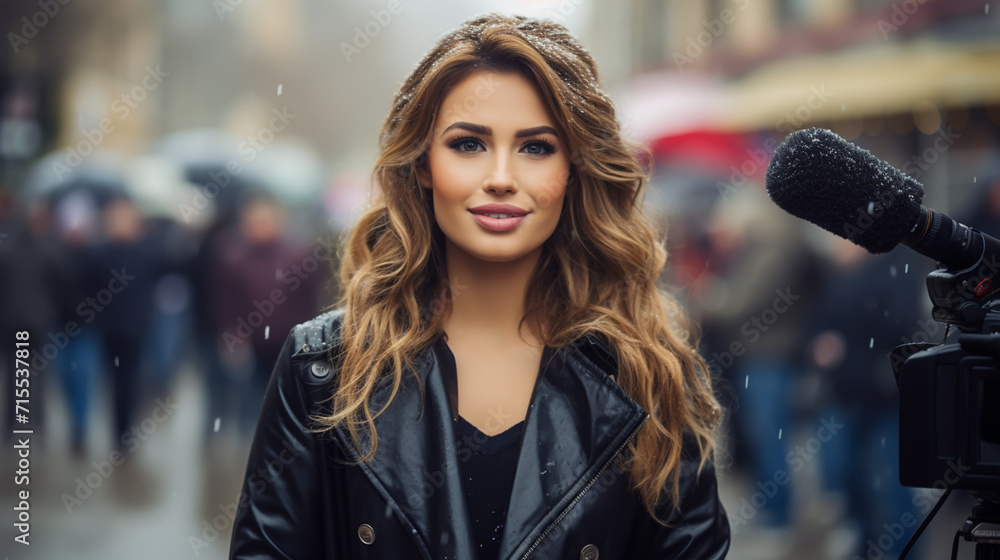 journalist with microphone working on city street