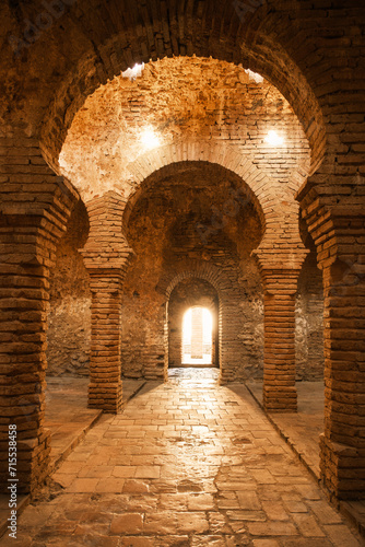 Interior of Arab Baths (Banos Arabes), Ronda, Andalucia, Spain. It is a unique archeological site showcasing a 13th-century bathhouse that was built during the Islamic period in Ronda.