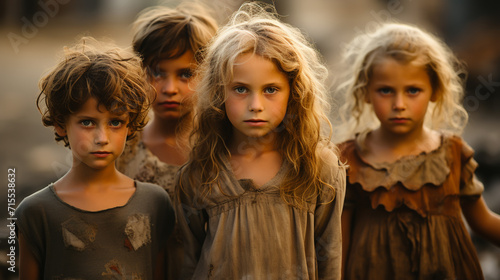 Children. Conflict concept. Burning and destroyed city by war. Concept of crisis of war creative decoration. Selective focus