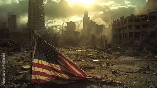An American flag is shown falling to the ground against the backdrop of a war-torn city, war.