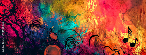 Abstract colorful music-themed banner with splashes, musical notes, and vibrant fiery background.