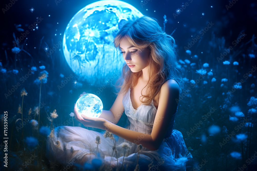 Naklejka premium Beautiful girl on a night with a magic ball. Astrology and Zodiac Concept. Generative Ai.
