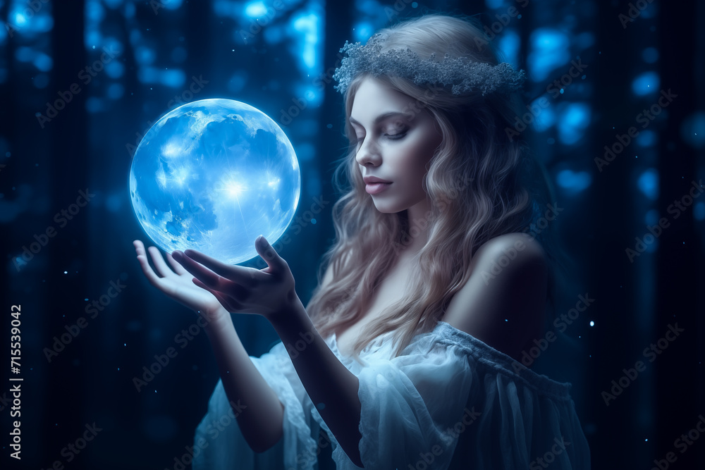Naklejka premium Beautiful girl on a night with a magic ball. Astrology and Zodiac Concept. Generative Ai.