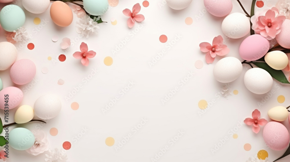 Easter composition with a variety of pastel eggs and vibrant spring flowers creating a festive frame around a white space. Easter composition with a variety of pastel eggs and vibrant spring flowers creating a festive frame around a white space.