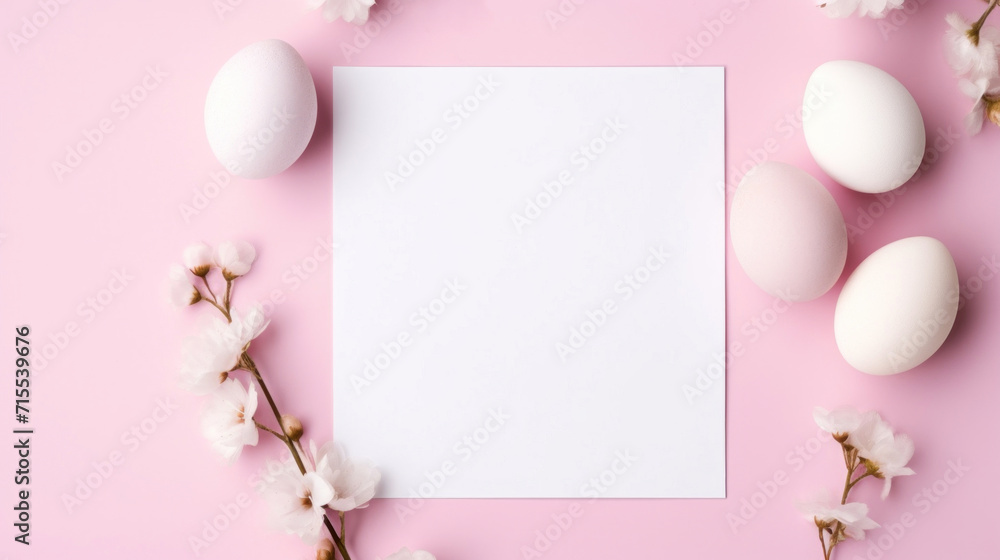 Pastel Easter eggs alongside cherry blossoms framing a blank card on a pink background.