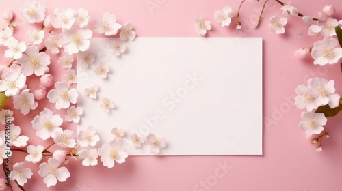 A white blank card surrounded by delicate cherry blossoms on a pastel pink background.