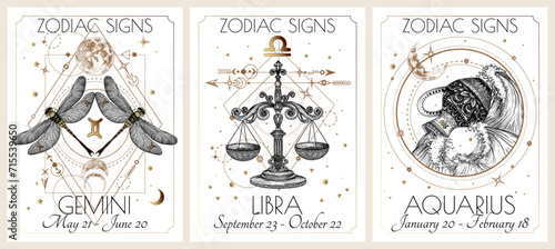 Vector illustration of zodiac signs card. Air signs: Gemini, Libra and Aquarius. Gold on a white background in engraving style