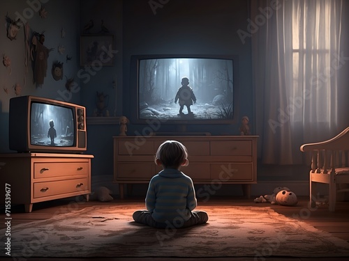Kind sitzt allein im Zimmer und schaut einen Horrorfilm weil es falsch erzogenwurde photo