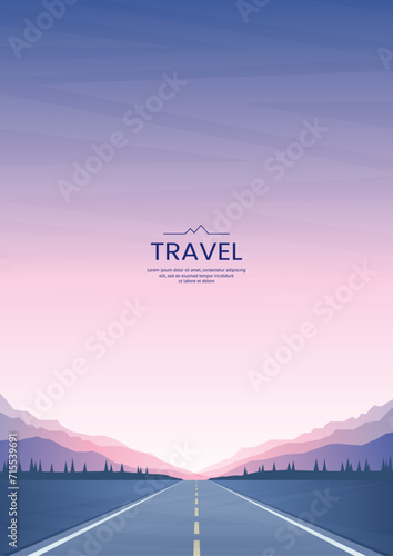 Asphalt road leading to the mountains. Evening twilight. The silhouettes of the mountains are illuminated by the sun setting behind the mountain tops. Vector image for poster, card, cover, invitation.