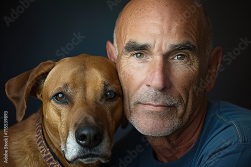Portrait of a man in his 50s hugging his dog looking at the camera and there is a great resemblance between them, studio photography with dark background photo
