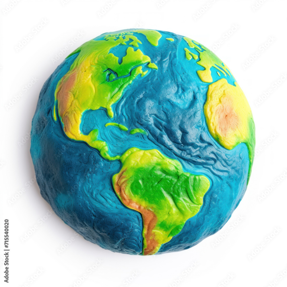 A handcrafted, colorful, and textured model of Earth showcasing continents and oceans on a white background. A handcrafted, colorful, and textured model of Earth showcasing continents and oceans on a white background.
